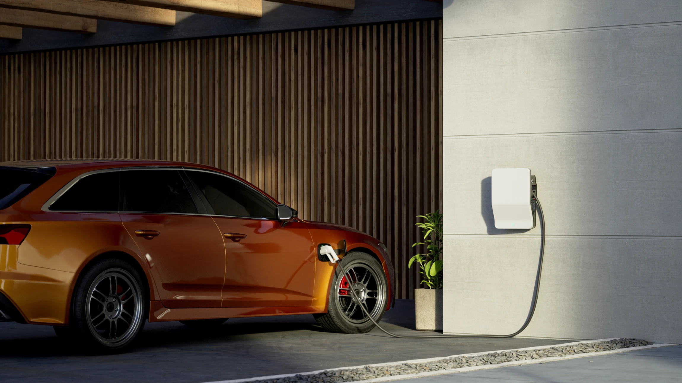 Scène extérieure montrant une voiture électrique blanche en cours de recharge