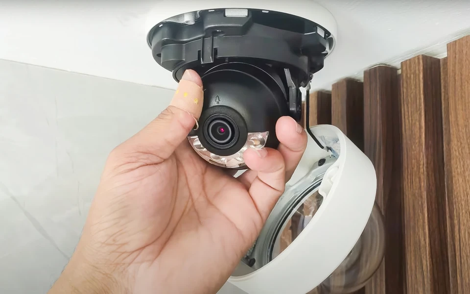 Espace de travail intérieur avec composants électroniques disposés sur surface en bois